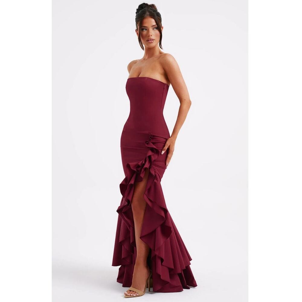 Babyboo Angelina Strapless Ruffle Maxi Dress NWT Burgundy Formal Gown Sz Small - Picture 8 of 12